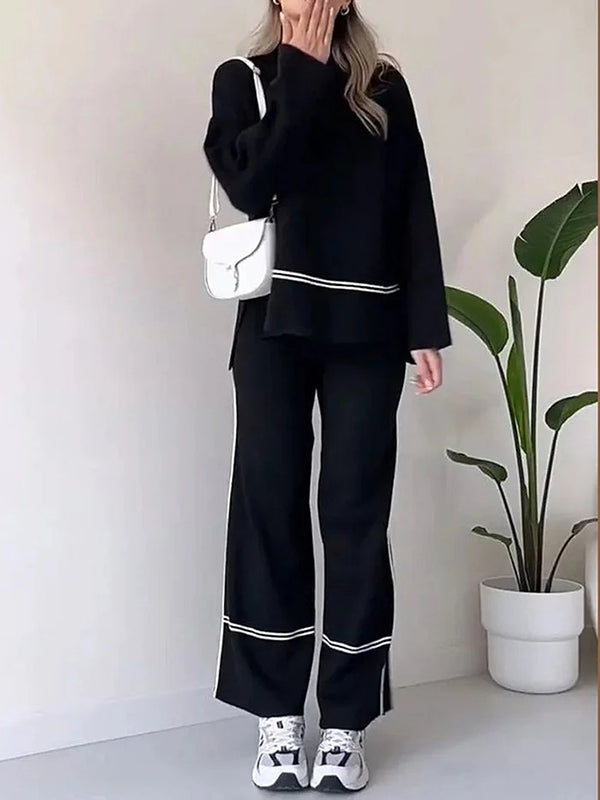 Ensemble deux pièces fendu sur le côté à ourlet plongeant, à col rond, taille haute, couleur contrastée – pull + haut + pantalon