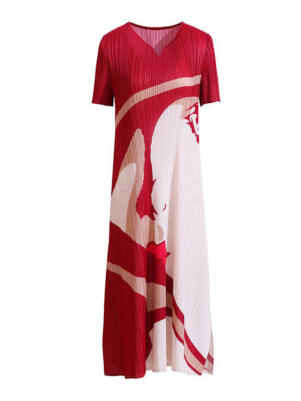 Robe mi-longue ample plissée coupe trapèze, à motifs figuratifs, à col en V