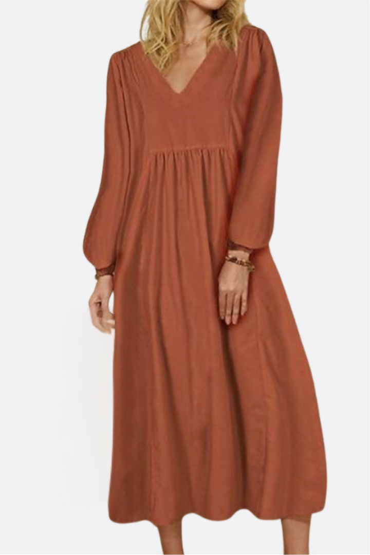 Yuna | Robe mi-longue à manches ballon et décolleté en V