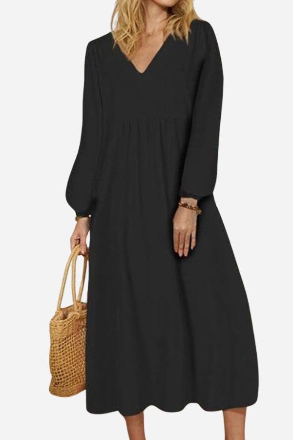Yuna | Robe mi-longue à manches ballon et décolleté en V