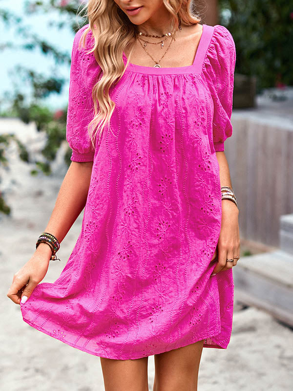 Robe courte ample à manches bouffantes, en jacquard, à col carré, couleur unie