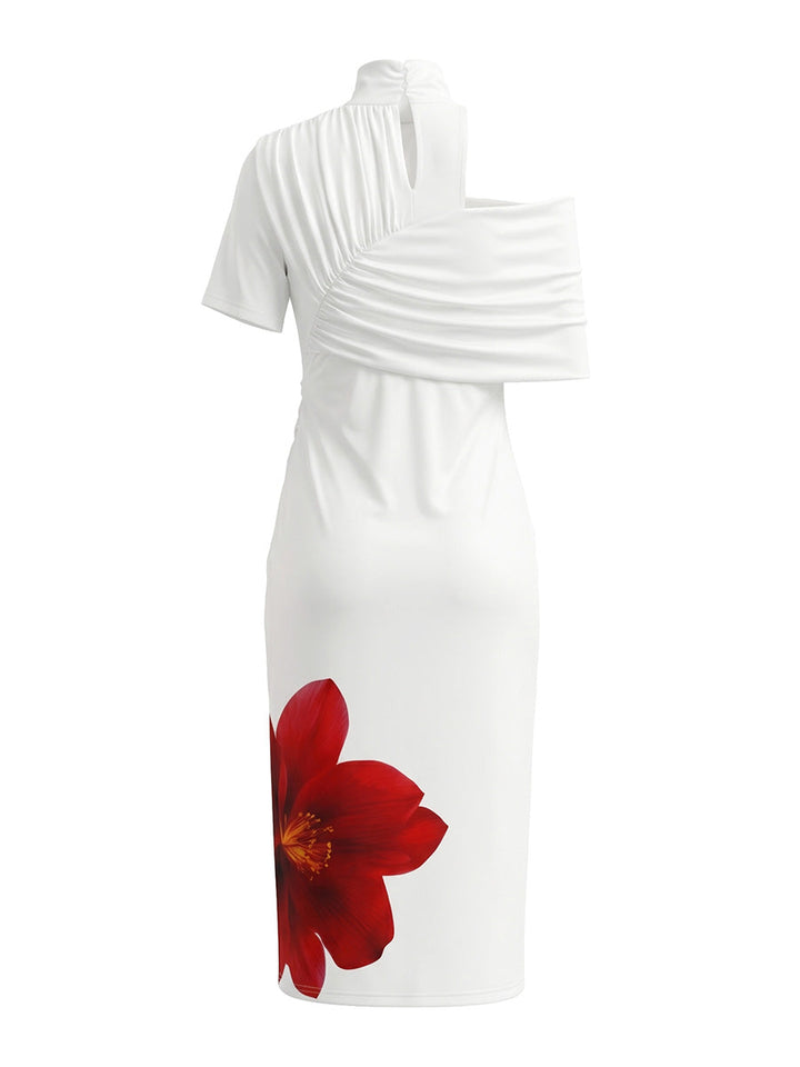 Robe mi-longue moulante plissée fendue devant à manches courtes, à imprimé floral, à col haut