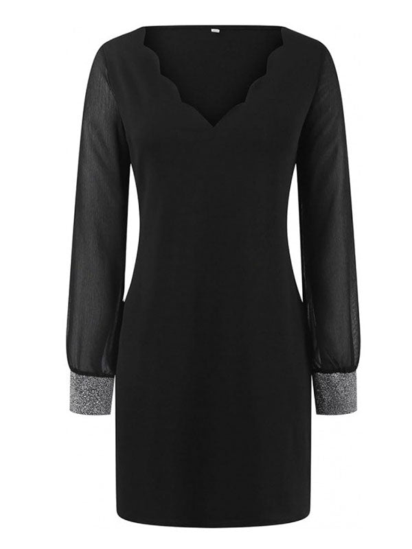 Robe courte ample transparente à manches longues, à taille élastique, à empiècements, à col en V