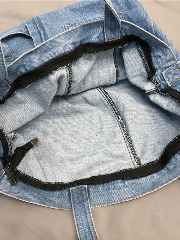 Sac décontracté en jean, à empiècements, couleur unie