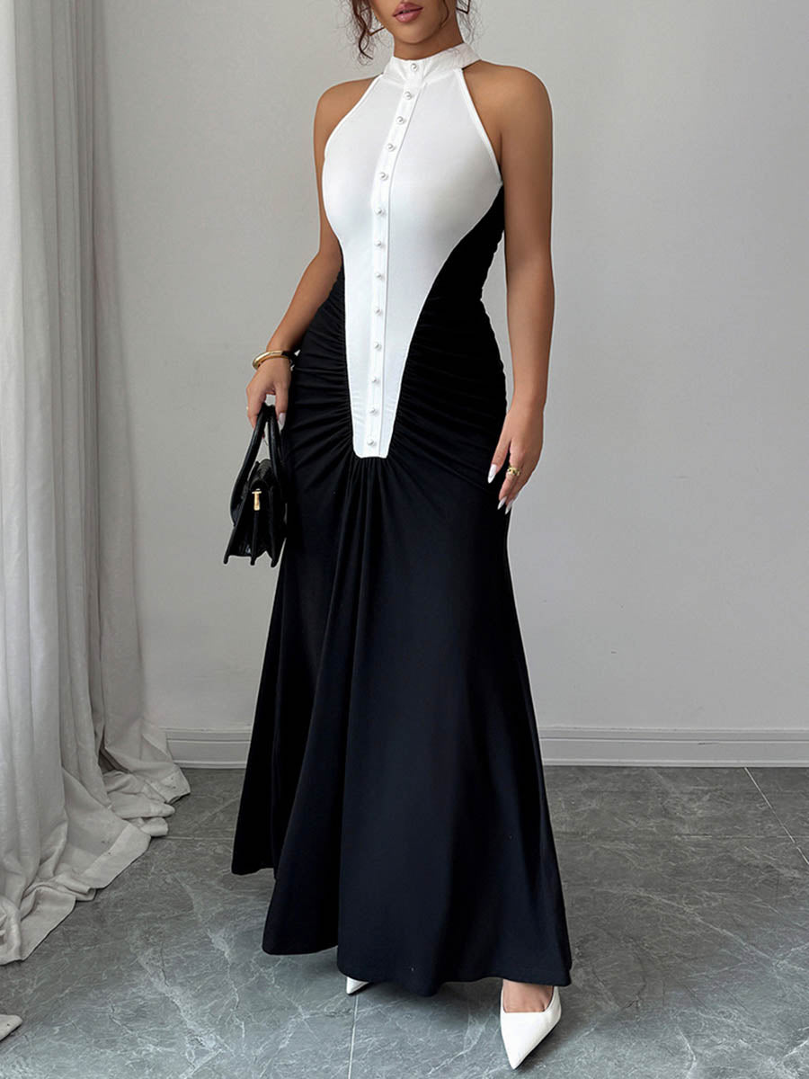 Robe longue boutonnée plissée taille haute, sans manches, à empiècements, à col licou, couleur contrastée