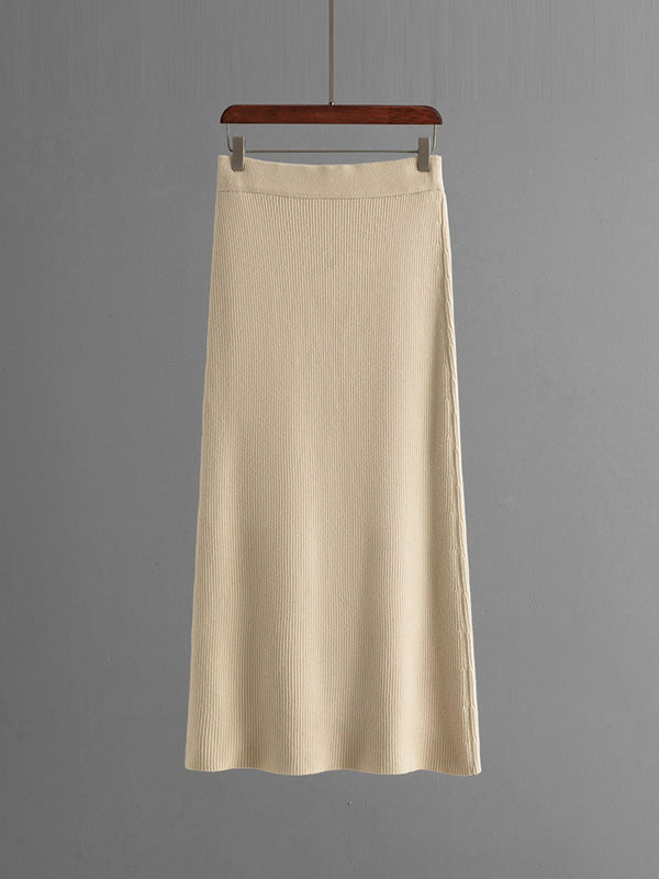 Ensemble deux pièces ample ajouré à manches bouffantes, à taille élastique, couleur unie – pull + jupe
