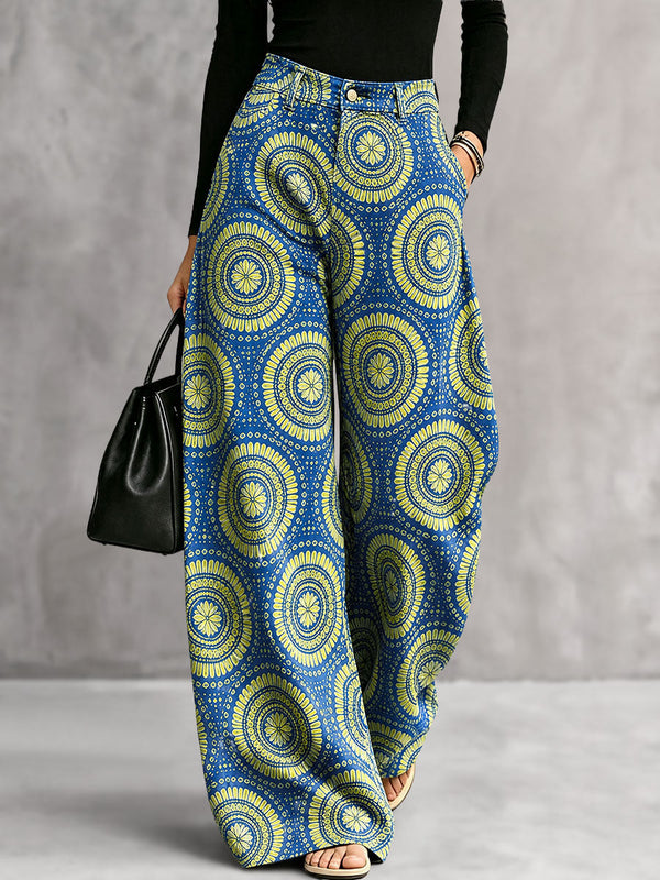 Pantalon imprimé ample à poches, à taille élastique, à jambes larges