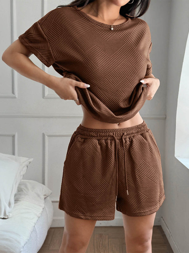 Ensemble deux pièces ample à col rond, à manches courtes, en jacquard, à poches, à taille nouée, couleur unie – t-shirt + short