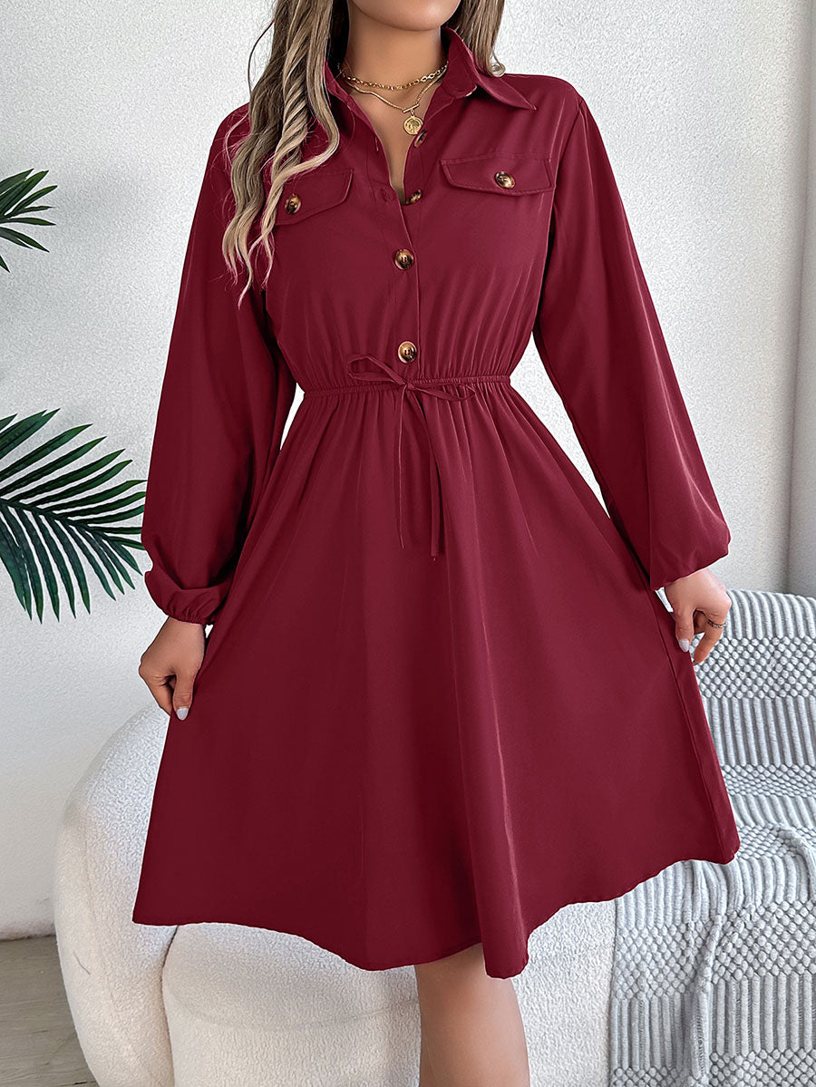 Robe chemise boutonnée plissée nouée coupe trapèze, à manches longues, à col revers, couleur unie