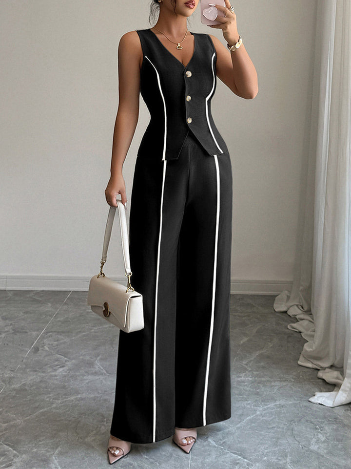 Ensemble deux pièces boutonné sans manches, à col en V, taille haute, couleur contrastée – chemisier + pantalon
