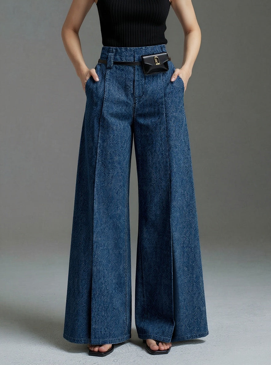 Pantalon fendu devant à jambes larges, sans ceinture, couleur unie