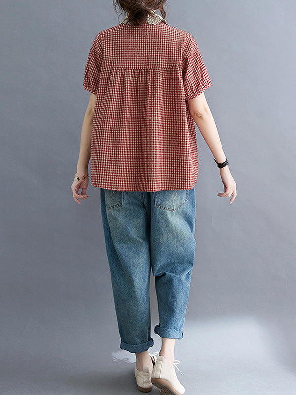 Polo à carreaux en coton mélangé, T-shirts à manches bouffantes, hauts