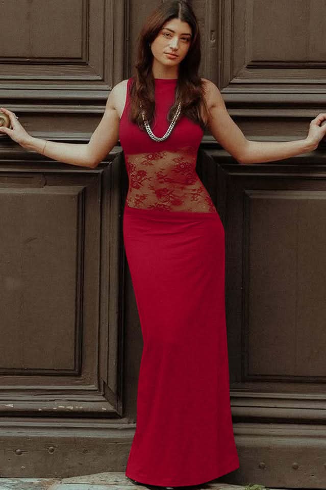 Amanda - Robe maxi sans manches avec panneau en dentelle transparente
