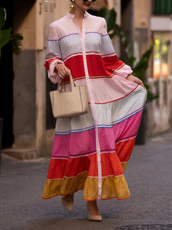 Robe chemise à manches bouffantes, à empiècements, à col rond, couleur contrastée