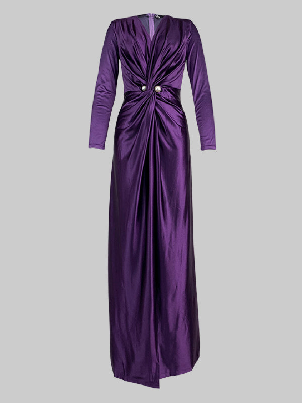 Robe longue moulante plissée fendue devant à manches longues, à taille nouée, à décolleté en V profond, couleur unie