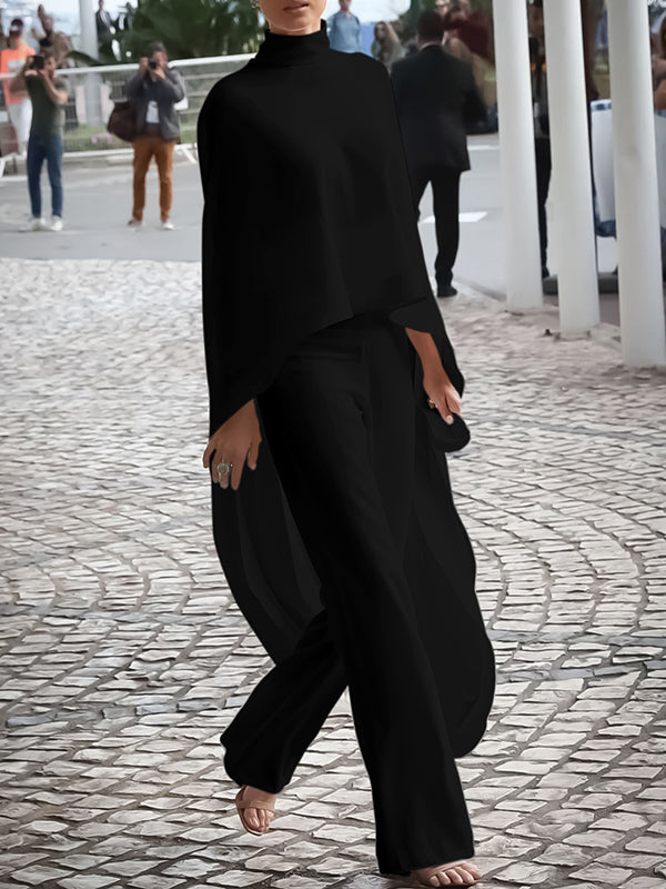 Pantalon ensemble deux pièces ample à ourlet plongeant, à col haut, couleur unie
