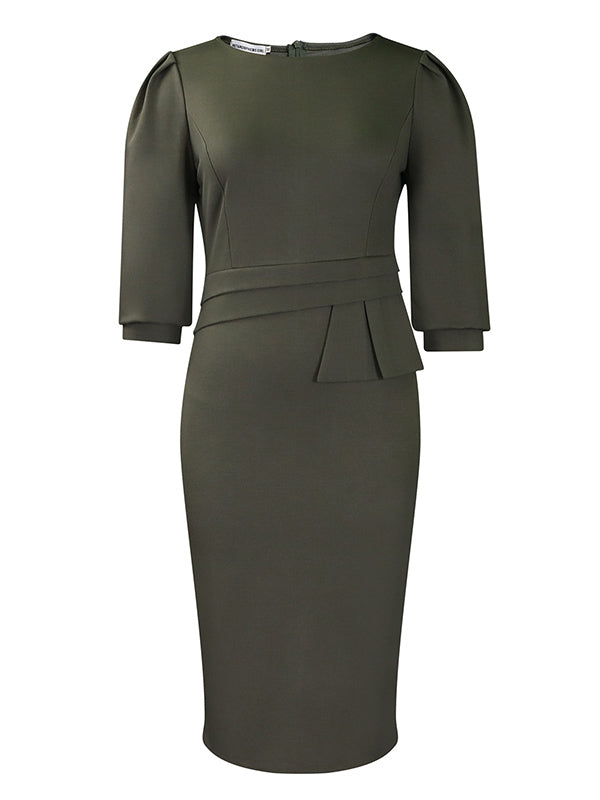 Robe mi-longue moulante plissée fendue dans le dos à manches mi-longues, à empiècements, à fermeture éclair, à col rond, couleur unie