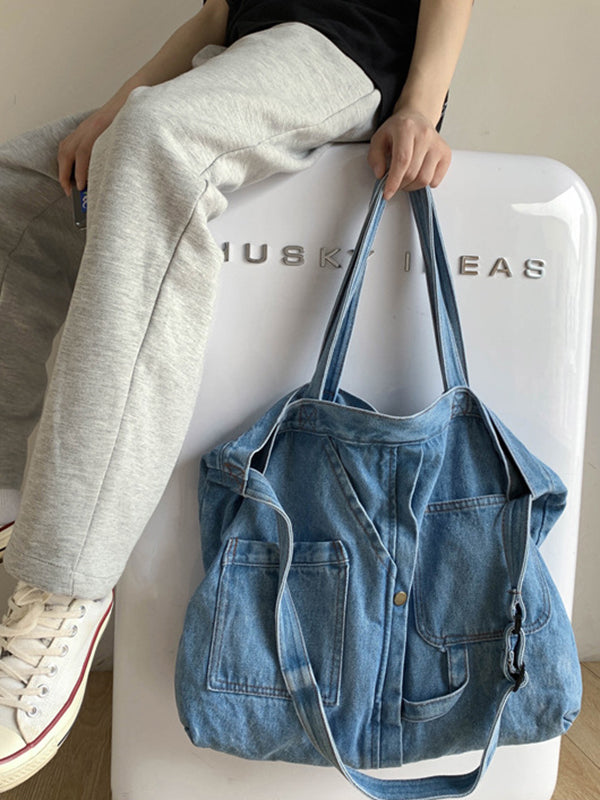 Sac décontracté en jean, à empiècements, couleur unie