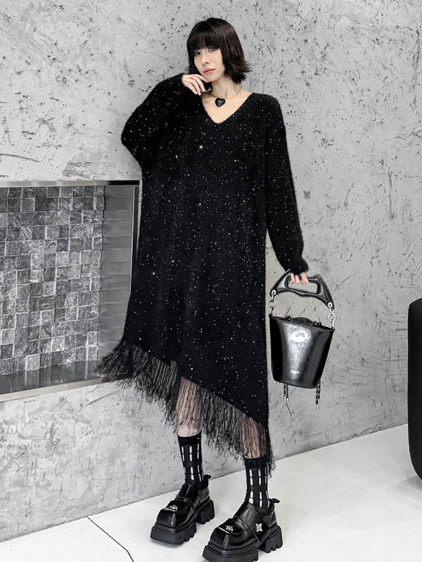 Robe pull brillante à coupe irrégulière, à manches longues, à sequins, à empiècements, à pompons, à col en V, couleur contrastée