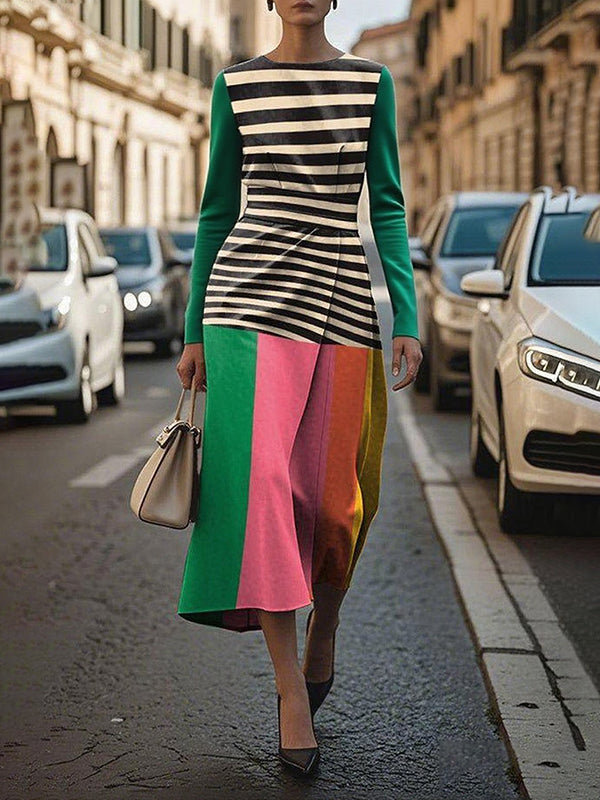 Robe mi-longue plissée à manches longues, à col rond, couleur contrastée