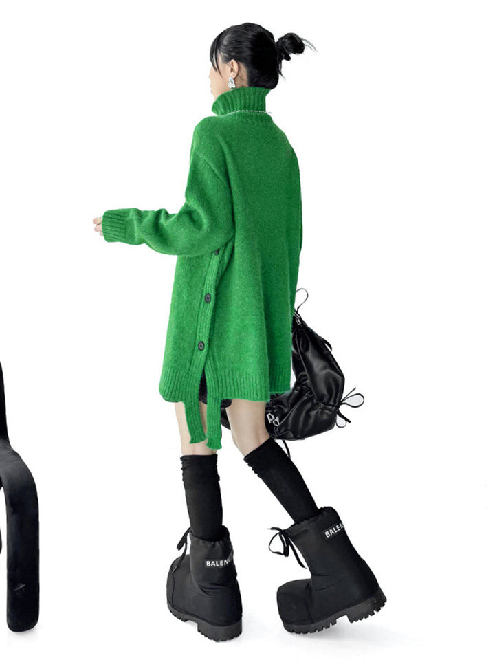 Irrégularité Manches Longues Côtes Boutonnées Couleur Unie Joint Fendu Col Haut Pull Hauts