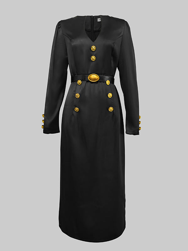 Robe mi-longue boutonnée à manches longues, à manches bouffantes, à décolleté en V profond, couleur unie