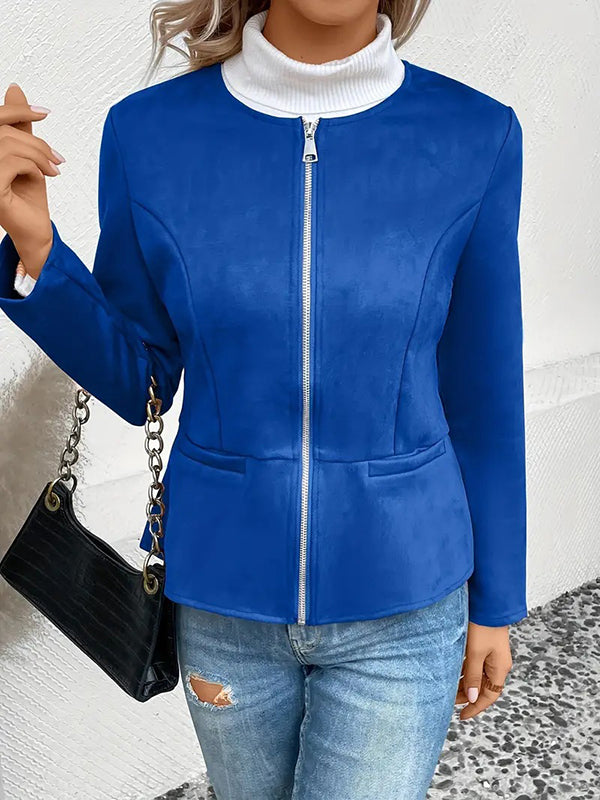 Veste ample à manches longues, à poches, à empiècements, à fermeture éclair, à col rond, couleur unie