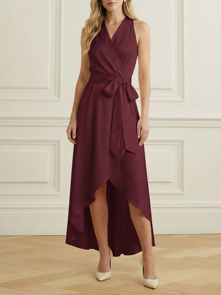 Robe longue ample à ourlet plongeant, à bordure volantée, à taille nouée, à col en V, couleur unie