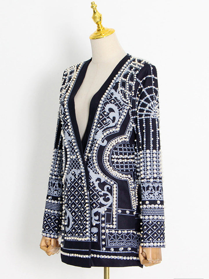 Blazer ample imprimé à manches longues, à perles, à col en V