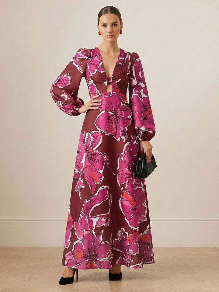 Taille élastiquée, manches longues, couleur contrastée, imprimé floral, creux, fente fendue, torsadé, décolleté en v profond, robes longues