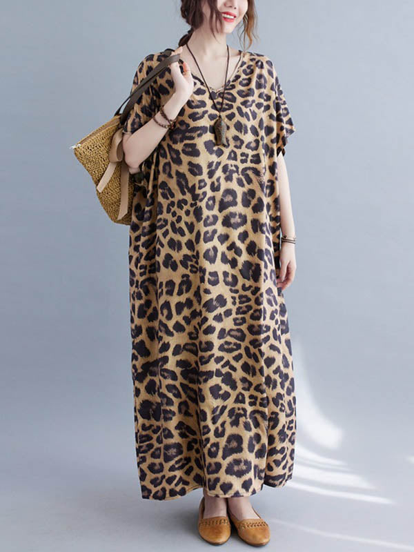Robe longue ample à imprimé léopard, à col en V, à manches chauve-souris