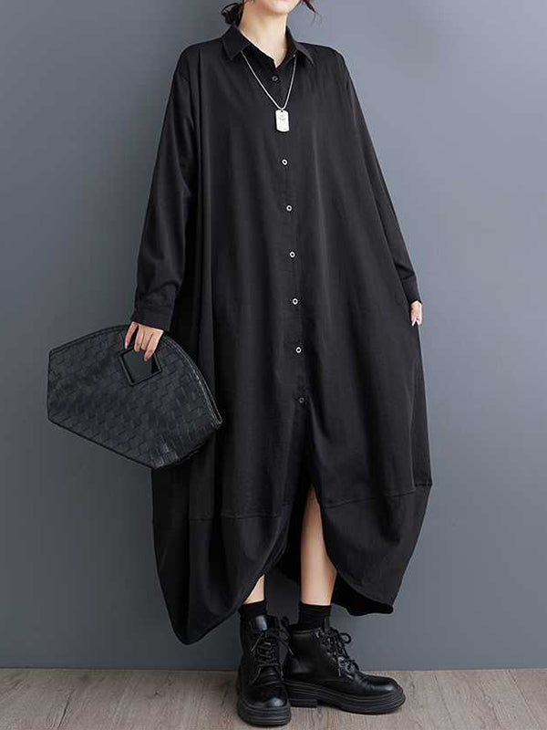 Robe chemise boutonnée coupe trapèze, à manches longues, à poches, à empiècements, à col revers, couleur unie
