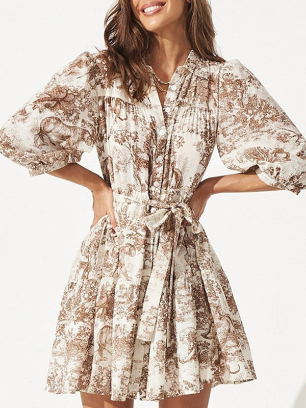 Robe chemise ample plissée imprimée à manches bouffantes, à empiècements, à taille nouée, à col revers