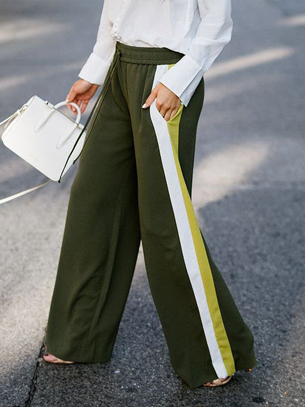 Pantalon ample à jambes larges, à cordon de serrage, à taille élastique, à empiècements, couleur contrastée