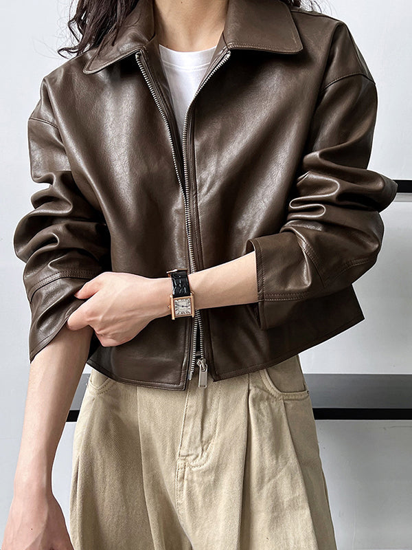 Veste ample à manches longues, à fermeture éclair, à col revers, couleur unie