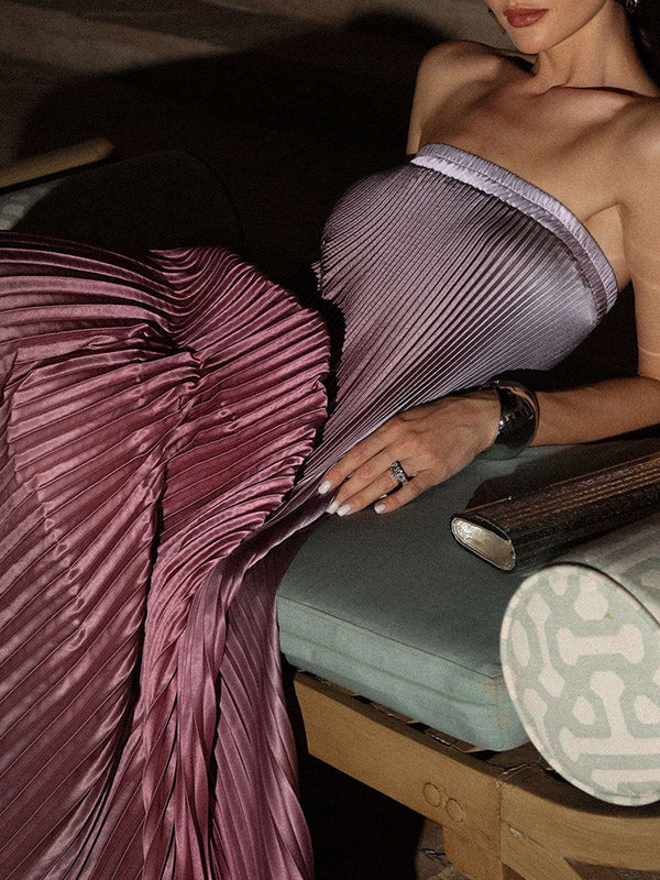 Robe de soirée longue ample plissée coupe trapèze, à taille élastique, en dégradé, bustier