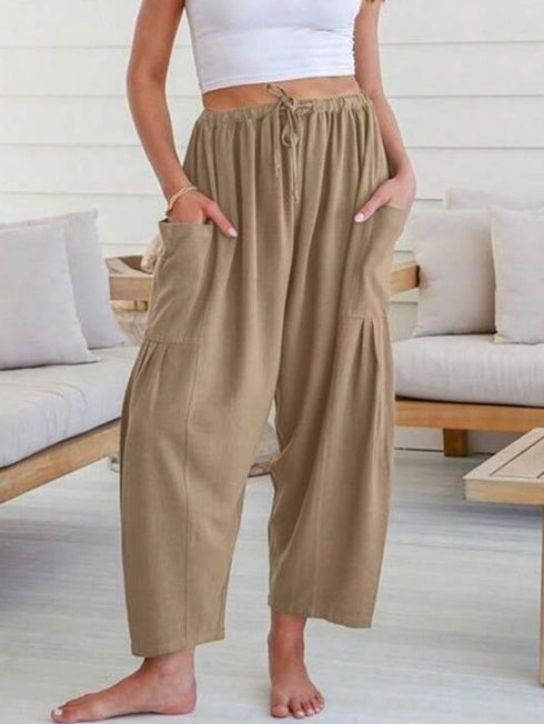 Pantalon ample décontracté coupe droite, à taille élastique, à poches, couleur unie