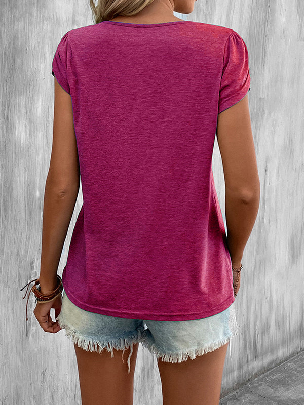T-shirt ample à manches courtes, à col en V, couleur unie