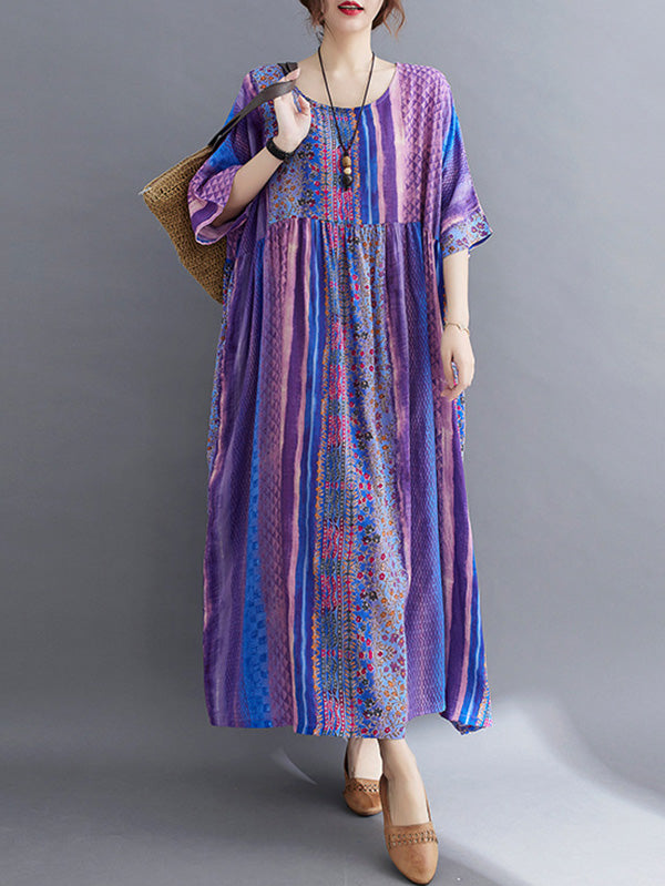 Robe mi-longue vintage à imprimé floral rayé et poche latérale