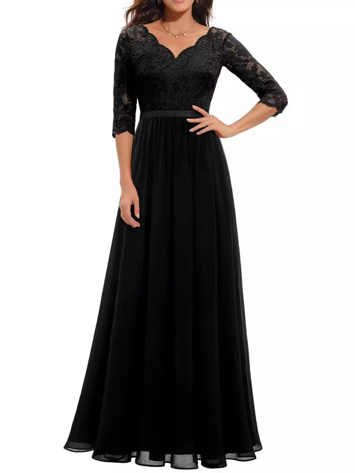 Robe longue plissée transparente coupe trapèze, taille haute, à empiècements, à col en V, couleur unie
