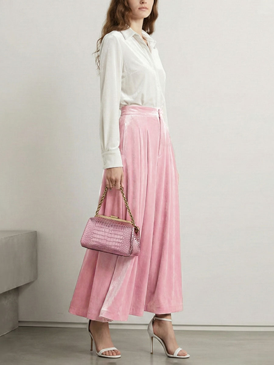 Jupe plissée taille haute, à taille élastique, à poches, couleur unie