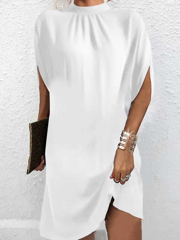 Robe courte ample à manches raglan, à col cheminée, couleur unie