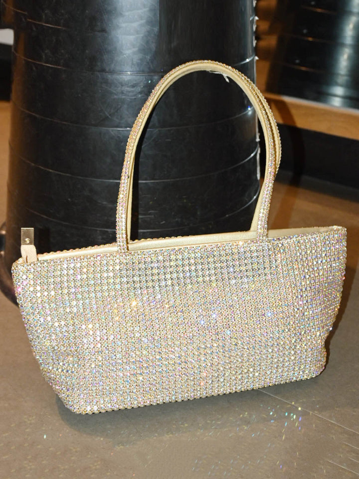 Sac besace à fermeture éclair, à strass, couleur unie