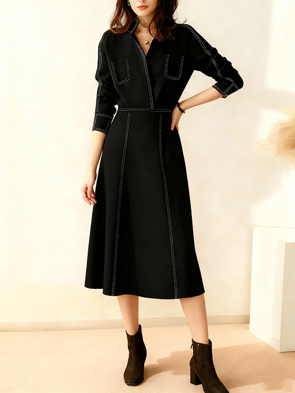 Robe mi-longue coupe trapèze, à taille élastique, à empiècements, à col revers, couleur contrastée