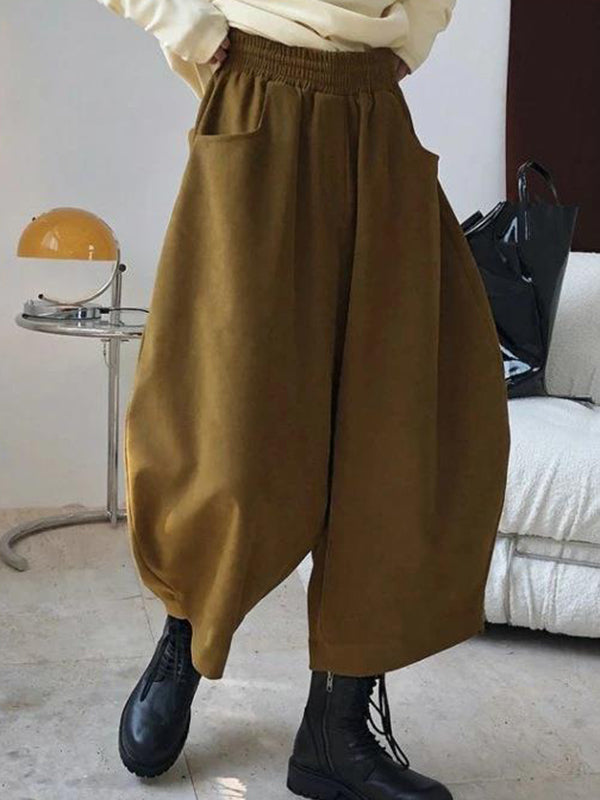 Pantalon à jambes larges, à taille élastique, à empiècements, couleur unie