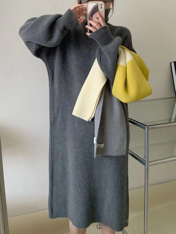 Robe pull ample à manches longues, à col haut, couleur unie