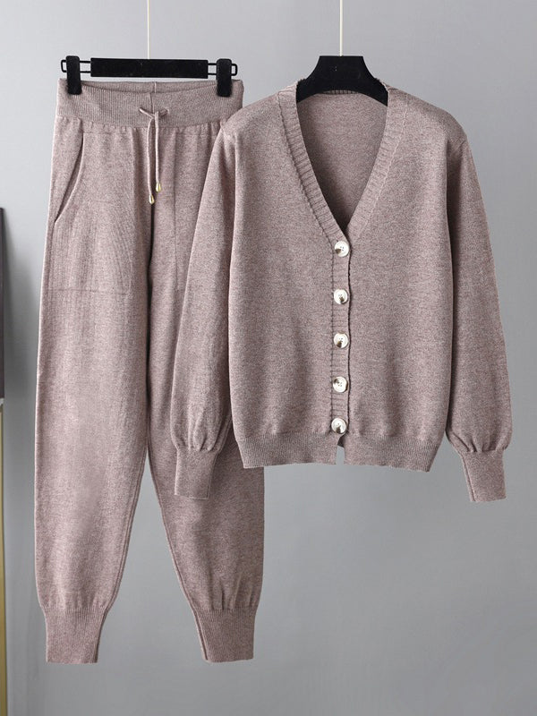 Ensemble deux pièces décontracté ample à col en V, couleur unie – cardigan + sarouel
