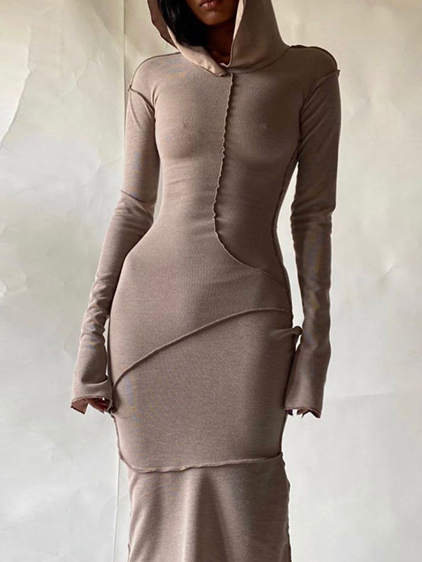 Robe longue à manches longues, grande taille, à empiècements, à capuche, couleur unie