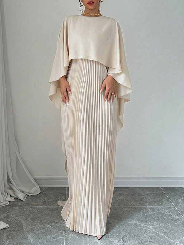Robe de soirée longue plissée style cape, à ourlet plongeant, à empiècements, à col rond, couleur unie