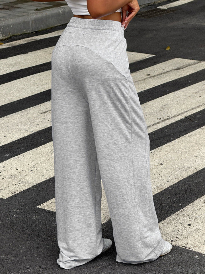 Pantalon à taille élastique, à cordon de serrage, à jambes larges, taille haute, couleur unie